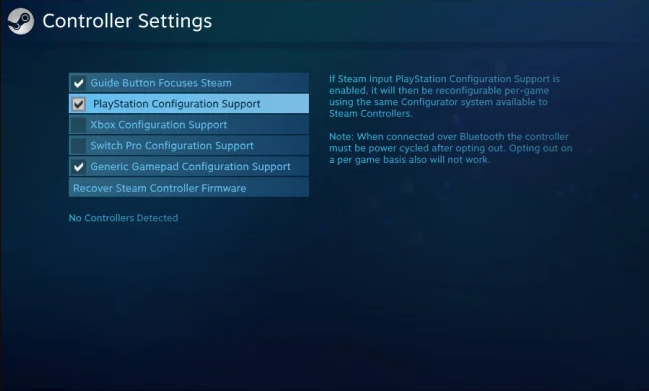 Steam controller settings interface