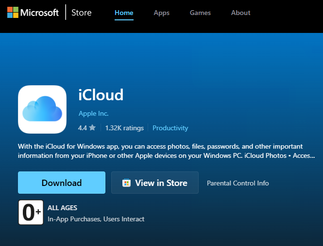 iCloud for Windows in microsoft store